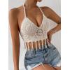 imageSHENHE Womens Crochet Push Up Bikini Tops Sleeveless Tassel Trim Halter Cami Tank Crop TopsApricot