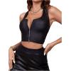 imageSHENHE Womens PU Leather Zip Up Sleeveless Scoop Neck Backless Halter Tank Crop TopsBlack