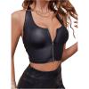 imageSHENHE Womens PU Leather Zip Up Sleeveless Scoop Neck Backless Halter Tank Crop TopsBlack
