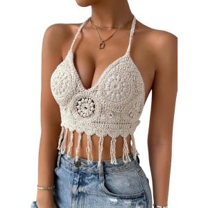 imageSHENHE Womens Crochet Push Up Bikini Tops Sleeveless Tassel Trim Halter Cami Tank Crop TopsApricot