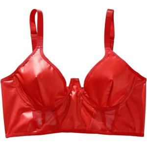 imageSHENHE Womens PU Leather Underwired Bra Contrast Mesh Hollow Out Longline BraRed
