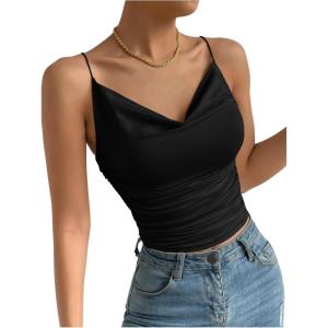 imageSHENHE Womens Ruched Cowl Neck Sleeveless Spaghetti Strap Backless Cami Crop TopsBlack