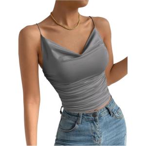 imageSHENHE Womens Ruched Cowl Neck Sleeveless Spaghetti Strap Backless Cami Crop TopsGrey
