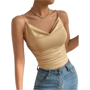 imageSHENHE Womens Ruched Cowl Neck Sleeveless Spaghetti Strap Backless Cami Crop TopsKhaki