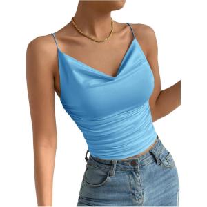 imageSHENHE Womens Ruched Cowl Neck Sleeveless Spaghetti Strap Backless Cami Crop TopsLight Blue