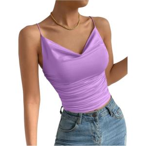 imageSHENHE Womens Ruched Cowl Neck Sleeveless Spaghetti Strap Backless Cami Crop TopsMauve Purple