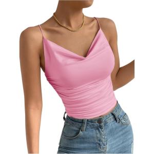 imageSHENHE Womens Ruched Cowl Neck Sleeveless Spaghetti Strap Backless Cami Crop TopsPink
