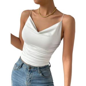imageSHENHE Womens Ruched Cowl Neck Sleeveless Spaghetti Strap Backless Cami Crop TopsWhite