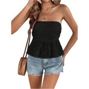 imageSHENHE Womens Ruffle Tube Top Smocked Eyelet Strapless Peplum Top Cute Summer Boho TopBlack