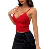 imageSHENHE Womens Lace Trim V Neck Bow Front Ruched Crop Cami Top Sexy Fitted Camisole TopRed