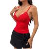 imageSHENHE Womens Lace Trim V Neck Bow Front Ruched Crop Cami Top Sexy Fitted Camisole TopRed