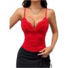 imageSHENHE Womens Lace Trim V Neck Bow Front Ruched Crop Cami Top Sexy Fitted Camisole TopRed