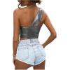 imageSHENHE Womens Metallic Tank Top Sleeveless Ruched One Shoulder Crop Tops Party ClubwearSilver