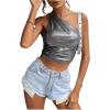 imageSHENHE Womens Metallic Tank Top Sleeveless Ruched One Shoulder Crop Tops Party ClubwearSilver