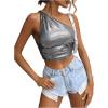 imageSHENHE Womens Metallic Tank Top Sleeveless Ruched One Shoulder Crop Tops Party ClubwearSilver