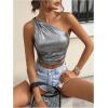 imageSHENHE Womens Metallic Tank Top Sleeveless Ruched One Shoulder Crop Tops Party ClubwearSilver
