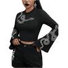 imageSHENHE Womens Snake Print Crew Neck Flare Long Sleeve Graphic T Shirt Goth Crop TopBlack
