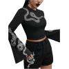 imageSHENHE Womens Snake Print Crew Neck Flare Long Sleeve Graphic T Shirt Goth Crop TopBlack