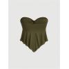 imageSHENHE Womens Strapless Tie Front Lettuce Trim Asymmetrical Flare Boho Tube TopArmy Green Solid