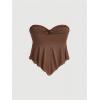 imageSHENHE Womens Strapless Tie Front Lettuce Trim Asymmetrical Flare Boho Tube TopBrown Solid