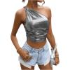 imageSHENHE Womens Metallic Tank Top Sleeveless Ruched One Shoulder Crop Tops Party ClubwearSilver