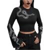 imageSHENHE Womens Snake Print Crew Neck Flare Long Sleeve Graphic T Shirt Goth Crop TopBlack