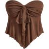 imageSHENHE Womens Strapless Tie Front Lettuce Trim Asymmetrical Flare Boho Tube TopBrown Solid