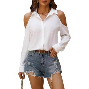 imageSHENHE Womens Casual Cold Shoulder Long Sleeve Button Down Shirt Blouse TopWhite
