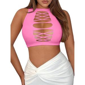 imageSHENHE Womens Cut Out Sleeveless Round Neck Punk Solid Ripped Crop Tank TopPink