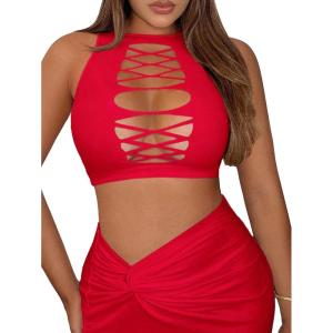imageSHENHE Womens Cut Out Sleeveless Round Neck Punk Solid Ripped Crop Tank TopRed