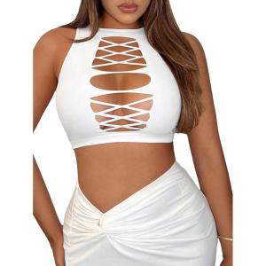 imageSHENHE Womens Cut Out Sleeveless Round Neck Punk Solid Ripped Crop Tank TopWhite
