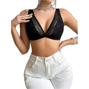 imageSHENHE Womens Floral Lace Sheer Backless Bralette Bras Scallop Trim Wireless BrasBlack