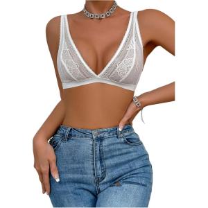 imageSHENHE Womens Floral Lace Sheer Backless Bralette Bras Scallop Trim Wireless BrasWhite