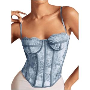 imageSHENHE Womens Lace Bustier Corset Top Sexy Floral Backless Going Out Tops Mesh Crop Top CamisoleDusty Blue
