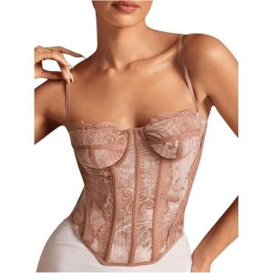 imageSHENHE Womens Lace Bustier Corset Top Sexy Floral Backless Going Out Tops Mesh Crop Top CamisoleDusty Pink