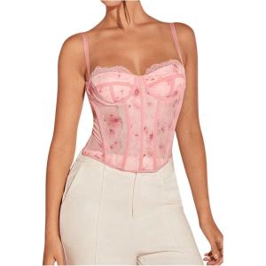 imageSHENHE Womens Lace Bustier Corset Top Sexy Floral Backless Going Out Tops Mesh Crop Top CamisoleLight Pink