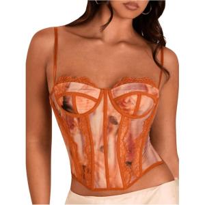 imageSHENHE Womens Lace Bustier Corset Top Sexy Floral Backless Going Out Tops Mesh Crop Top CamisoleOrange