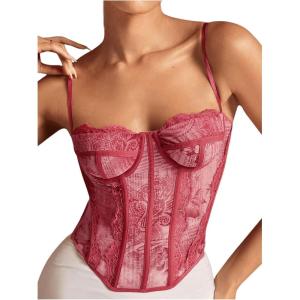 imageSHENHE Womens Lace Bustier Corset Top Sexy Floral Backless Going Out Tops Mesh Crop Top CamisolePink