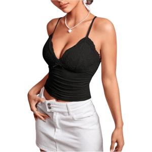 imageSHENHE Womens Lace Trim V Neck Bow Front Ruched Crop Cami Top Sexy Fitted Camisole TopBlack