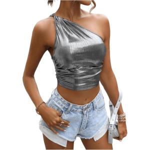 imageSHENHE Womens Metallic Tank Top Sleeveless Ruched One Shoulder Crop Tops Party ClubwearSilver