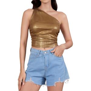 imageSHENHE Womens Metallic Tank Top Sleeveless Ruched One Shoulder Crop Tops Party ClubwearSolid Gold
