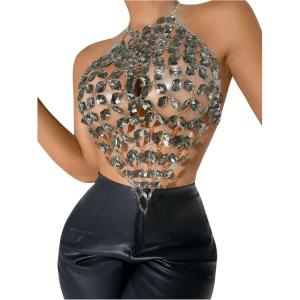 imageSHENHE Womens Open Back Sexy Diamond Body Top Backless Halter Rave Shirt Club TopDark Grey