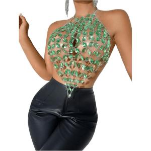 imageSHENHE Womens Open Back Sexy Diamond Body Top Backless Halter Rave Shirt Club TopGreen