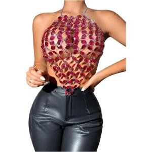 imageSHENHE Womens Open Back Sexy Diamond Body Top Backless Halter Rave Shirt Club TopHot Pink