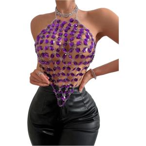 imageSHENHE Womens Open Back Sexy Diamond Body Top Backless Halter Rave Shirt Club TopPurple