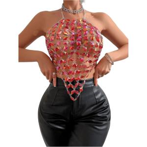 imageSHENHE Womens Open Back Sexy Diamond Body Top Backless Halter Rave Shirt Club TopRed