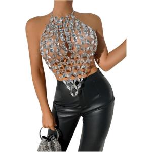 imageSHENHE Womens Open Back Sexy Diamond Body Top Backless Halter Rave Shirt Club TopSilver