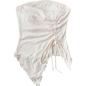 imageSHENHE Womens Ruched Drawstring Split Hem Strapless Top Asymmetrical Tube Bandeau TankBeige