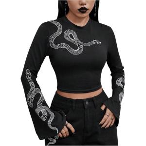 imageSHENHE Womens Snake Print Crew Neck Flare Long Sleeve Graphic T Shirt Goth Crop TopBlack