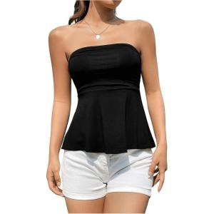 imageSHENHE Womens Strapless Ruffle Flared Peplum Tube Top Summer Casual Cute Top ShirtBlack